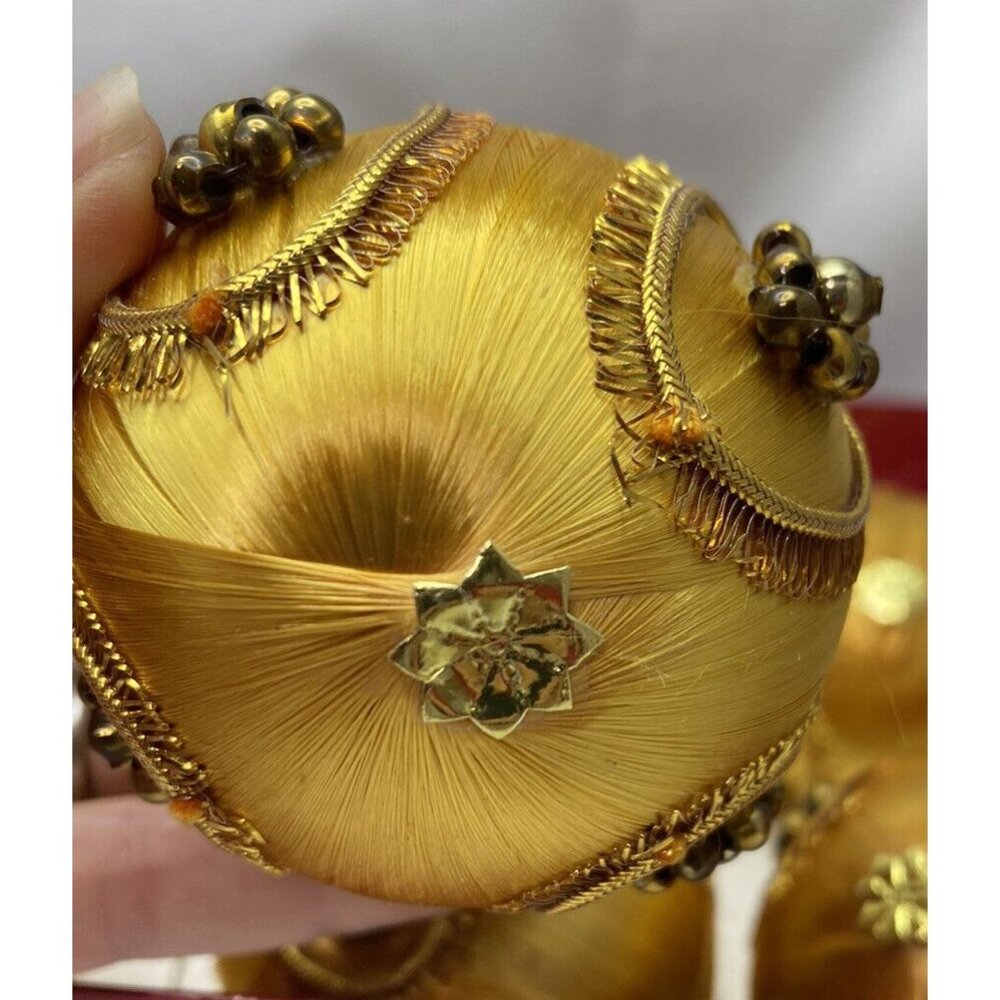 Vintage Mercury Bead Christmas Tree Ornament Gold Satin Lot of 8 Handmade - Picture 6 of 7